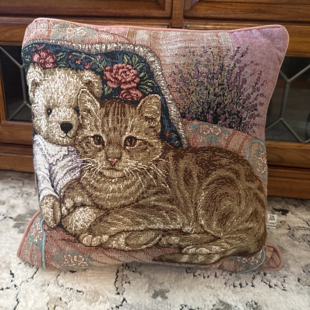 Vintage Embroidered Cat Kitten With Teddy Bear Throw Pillow Pink Riverdale
